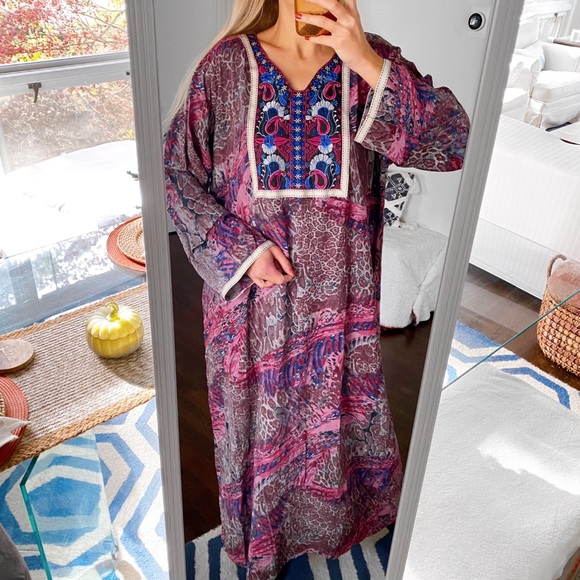 💗 BOHO PINK BLUE MULTI EMBROIDERED LOOSE FIT MAXI DRESS! - Picture 2 of 13
